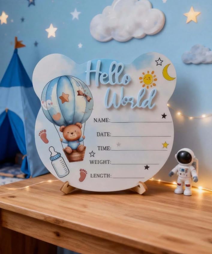 Hello World Birth Announcement Wooden Baby Photo Prop Disc, Bear Hot Air Balloon Theme, 15cm, for Boys and Girls image 2