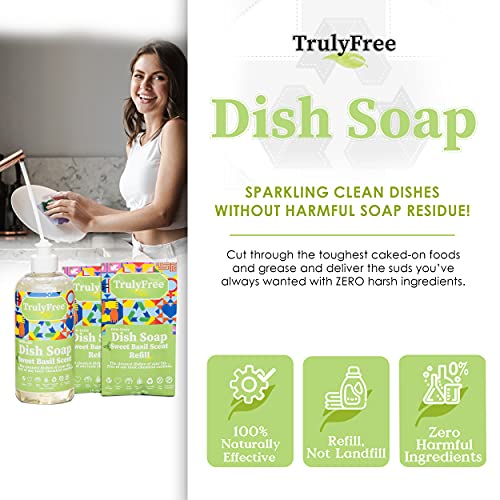 Truly Free Natural Dishwashing Liquid | Plant-Based Dish Soap | Sweet Basil Fresh Scent | 2 Refill Packs with 1 Empty Refillable Squeeze Bottle (16 Oz) - Image 4