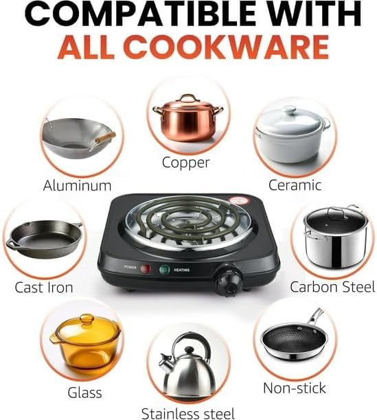 Estufa Eléctrica Portátil de 1 Puesto, Control de Temperatura, Negro, 110V miniatura 4