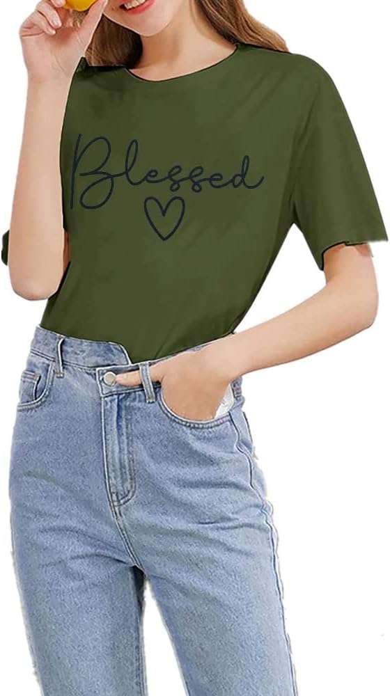 Blessed T-Shirt for Women Cute Heart Graphic Letter Print Sayings Shirts Casual Short Sleeve Thankful Tee Tops - Image 6