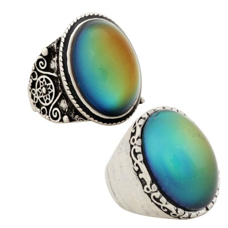 LOKILOKI 2 Uds Anillos De Estado De Ánimo Que Cambian De Color Chapados En Plata Antigua Que Cambian La Temperatura del Color Conjunto De Anillos De Sensación De Emoción para Mujeres/Hombres