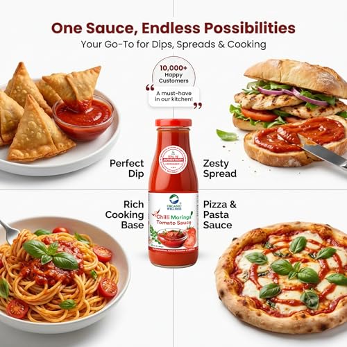 Image of Organic Wellness Moringa Tomato Red Chilli Sauce Bottle I No Added Preservatives Or Colors | All Natural Ingredients | No Onion & Garlic |100% Veg & Fresh Tomatoes Used (350 Gram - Pack Of 1)
