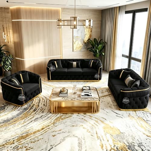 Image of Royal Carved Wooden Sofa Set | 3+1+1 Seater | Antique with Button Tufted Velvet Upholstery | Victorian Style Living Room Furniture Tufted Sofa Set Grey 3-Piece (Design 17)