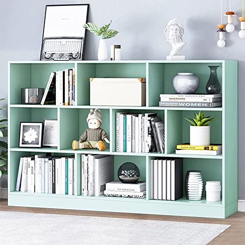 Image of IOTXY Open Shelf Low Bookcase - Wooden 3-Tier Cube Bookshelf, Tiffany-Green