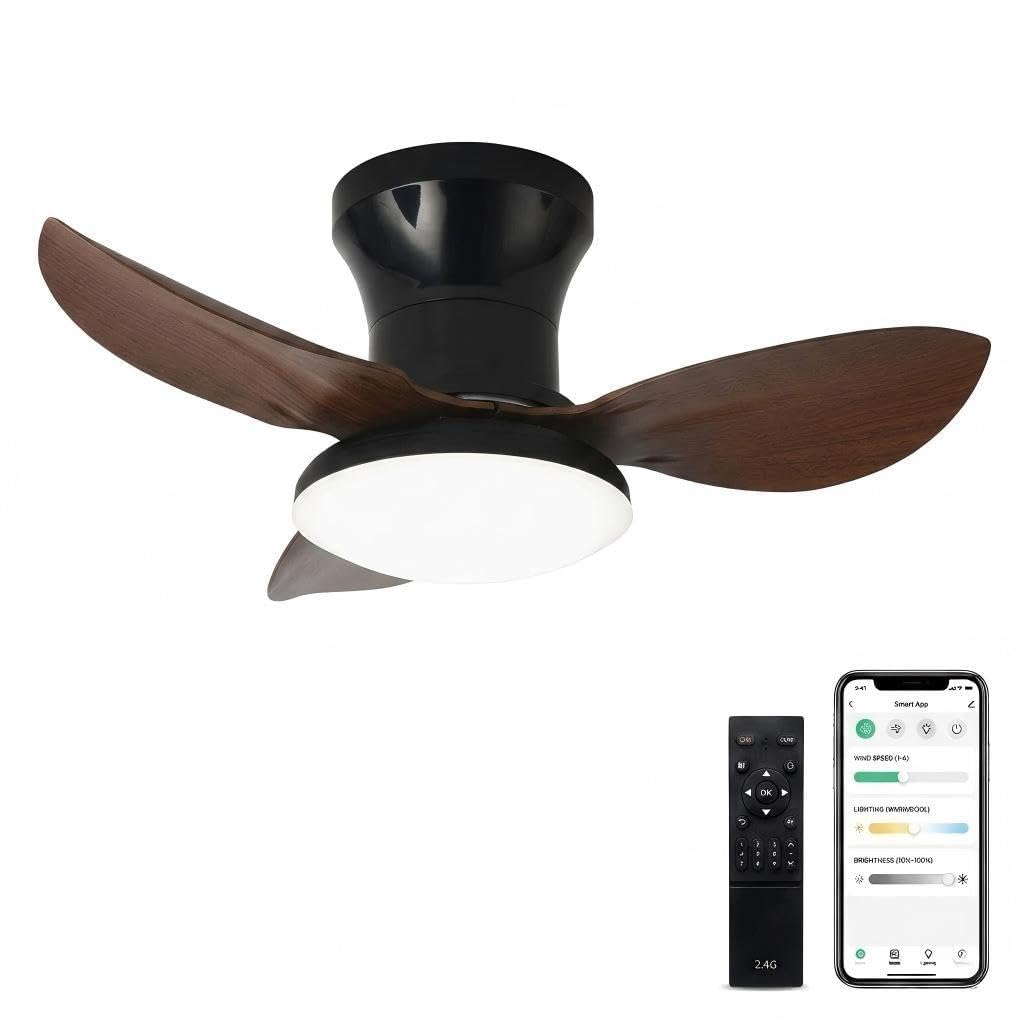 HXYSXHJUO 25 Inch Smart Wood Ceiling Fan with Light, Stepless Dimmable Flush Mount App/Remote Control, Modern Quiet Reversible 3-Blade Lighting for Indoor Bedroom, 220V Energy Saving (Dark Wood)