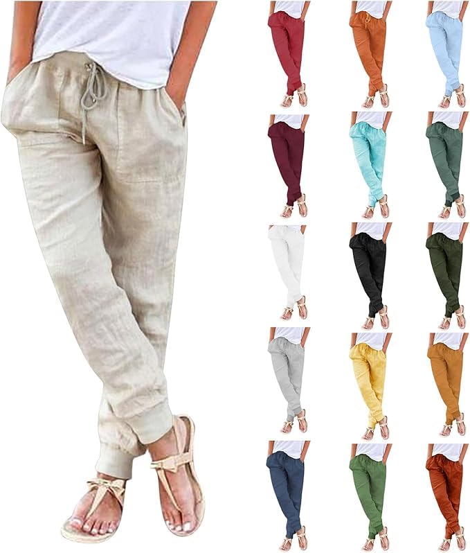 Cotton Linen Pants Women Boho Jogger Tapered Leg Summer Casual Drawstring Elastic Waist Lightweight Joggers Pockets