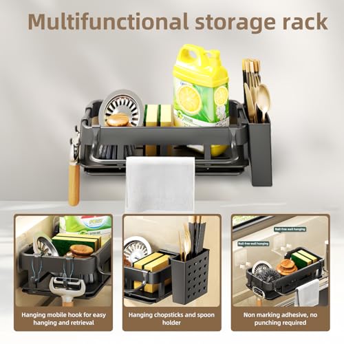 Miniatura 5 de Organizador Multifuncional Para Fregadero, Organizador De Fregadero De Cocina Montado En La Pared, Almacenamiento De Pared De Cocina Sin Perforaciones, Con 2 Soportes Para Palillos, 2 Ganchos Y