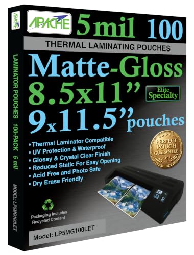 Image of Apache Letter Size Matte-Gloss Laminating Pouches, 5 Mil, 100 Pack, Holds 8.5 x 11 Inch Projects (9x11.5 inch Pouch Size), Thermal Laminator Laminating Sheets, Clear, Round Corners, Elite Specialty Line