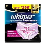 Whisper Super Absorbent Period Panty, 6 M-L Pants, 360 Degree Leakage Protection for Heavy Flow, Panty like Fit for Full back Coverage, Absorbs Heavy Gushes, Silky Soft, Comfortable Feel, Women