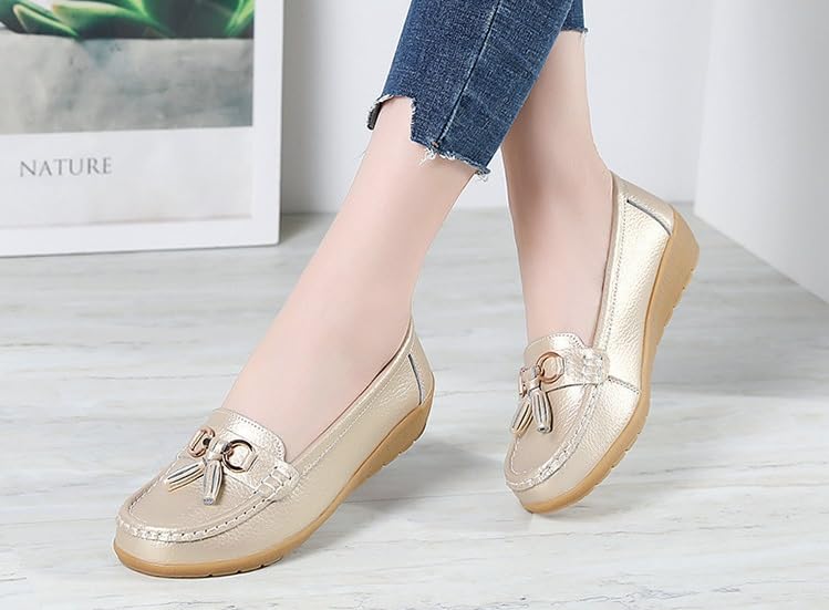 PD5272-A - Mocasines planos sin cordones para mujer con borla y detalle de hebilla de metal, zapatos casuales estilo mocasín
