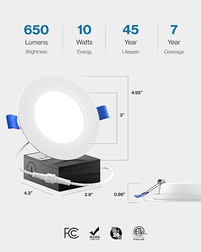 Miniatura 4 de Sunco Lighting Luces de techo empotrables LED ultrafinas de 4 pulgadas, luz diurna de 5000 K, regulables, 10 W  60 W, borde liso, oblea, sin lata