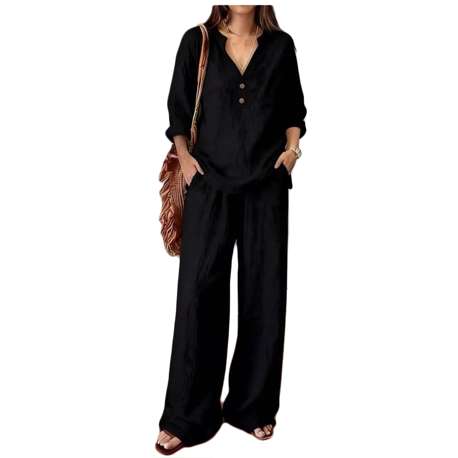 Ensemble Lin Femme Deux Pièces Chemise Manches Longues Col V Bouton Tunique Pantalon Chemise Haut Fluide Et Ample Taille Elastique Set Léger Décontracté Couleur Unie De Plage Loungewear Jogging