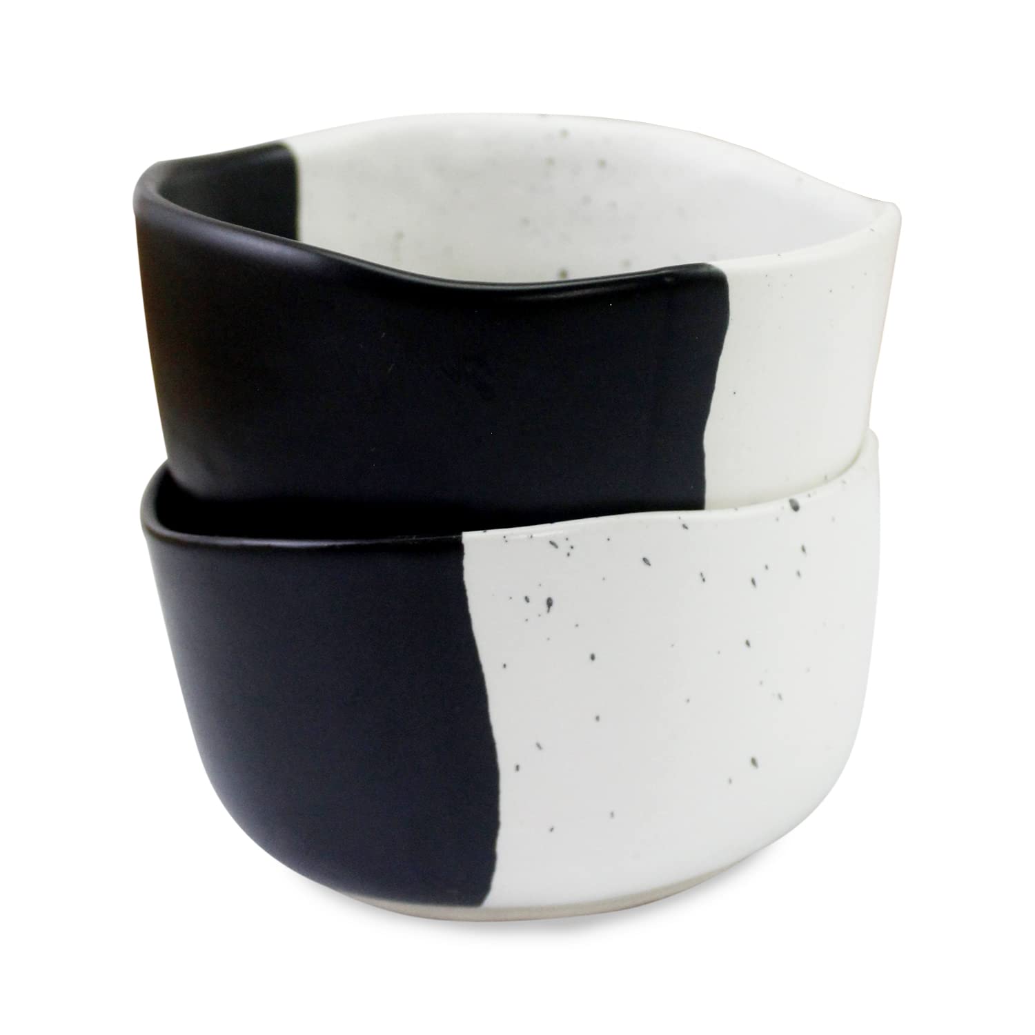 roroCeramic Stoneware Black White Speckled White Two-Tone Rice and Miso Soup Bowls, 6 Inch x 2