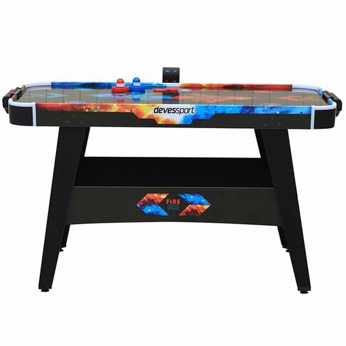 DEVESSPORT Air Hockey Fuego vs Hielo Incluye Dos Lanzadores Leds y Un Disco Led y Niveladores en Cada Pata | Mesa de Hockey con Luces LED Rojo y Azul, Marcador Electrónico y Baterías USB