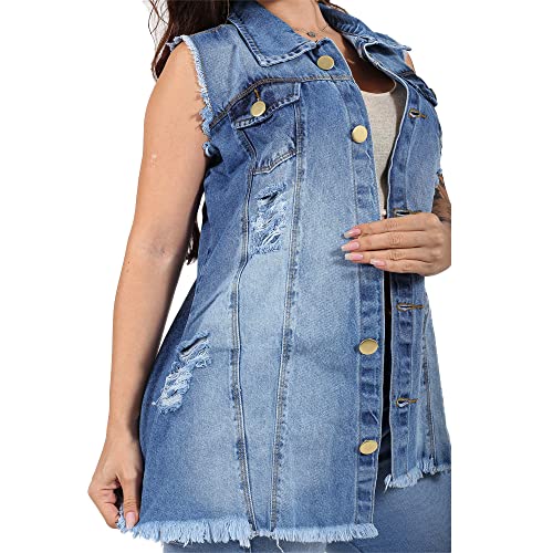 Max Colete Jeans Feminino Longo Com 2 Bolso Super Lindo Azul 1 (G4, Azul Claro)