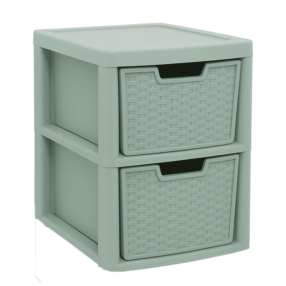 KYY'Z Large Drawer Storage Unit Tower Rattan Effect Large Organizer Chest Tower Unit Cabinet Trolley Home Bedroom Kitchen Office School Garage 39 (D) x 39 (W) x 62 (H) cm (Sage Green, 2 Tier) โ image 1