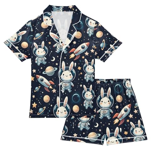 ALAZA Cute Bunny Spaceship Space Starry Pajamas Satin Pajama Set Short Sleeve Button Down Sleepwear