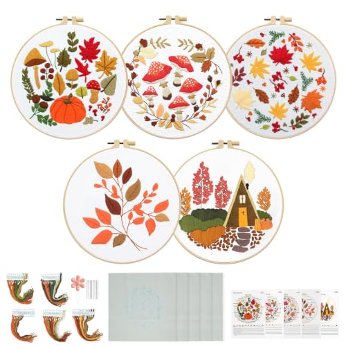 Image of 5 Sets Fall Embroidery Kit for Beginners Adults Embroidery Starter Kit Mushroom Maple Leaf Autumn Cross Stitch Kits Embroiderys Needlepoint Kits Include Instruction 2 Hoops Color Threads Needles