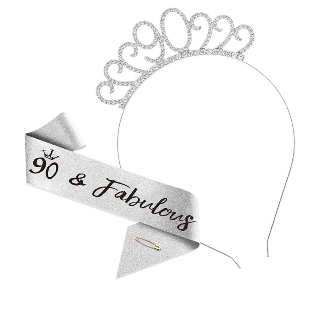 Geburtstags-Stirnband & Schärpe Set Für Frauen – Silber, Mit Krone & Cake Topper, Für Party-Deko