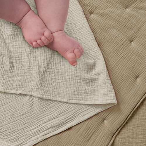 Image of Levtex Baby - Cloud Muslin Crib Bed Set - Baby Nursery Set - Cacao and Beige Stars - Grey Textured Muslin - 5 Piece Set Includes Quilt, Fitted Sheet, Two Swaddles & Bear Lovey