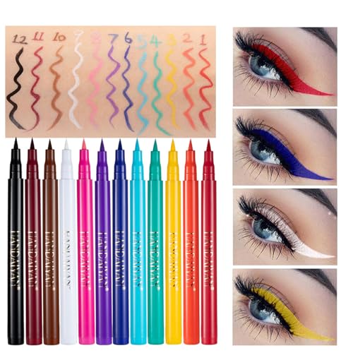 Lot de 12 crayons eyeliner liquides mats - Imperméable - Résistant aux taches - Longue durée - Maquillage pour un usage quotidien et Halloween, Noël, cosplay