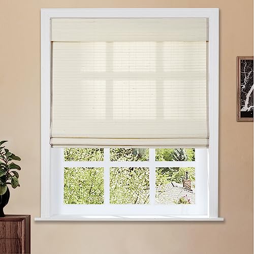 Image of TWOPAGES No Drill Flax Bamboo Blind Natural Cordless Roman Shade for Kitchen Windows Custom Made Light Filtering Blackout Roman Window Shade, Sandstone, 1 Piece