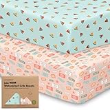 Picture of 2-Pack Waterproof Baby Crib Sheets for Boys, Girls - 52x28 Viscose Derived from Bamboo Toddler Bed Sheet Neutral, Fitted Crib Mattress Protector Cover for Baby Bedding, Soft & Gentle (Beach Day)