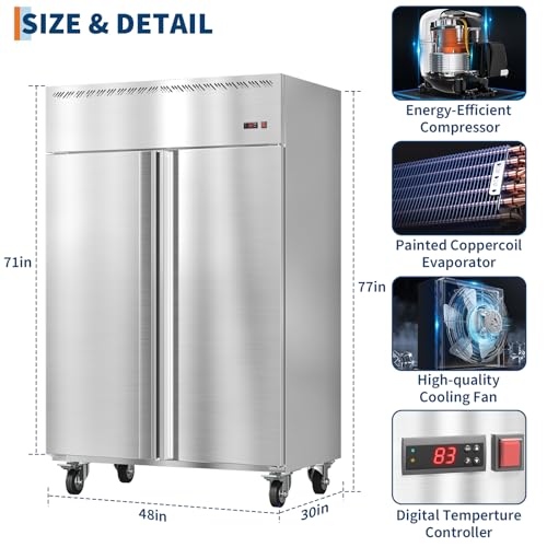 Image of PeakPursuit 48 inch W Commercial Freezer -8F~0F,Reach-in 36 Cu.ft 2 Door Stainless Steel Commercial Refrigerator Fan Cooling,6 Adjustable Shelves, Auto Defrost,for Restaurant,Bar,Kitchen,Shop