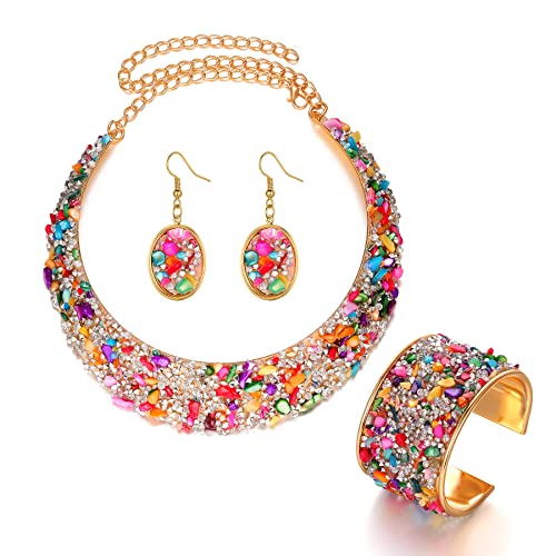 K-toobeely 3pcs Colorful Stone Rhinestone Collar Gold Metal Necklace Sets For Women Bib Choker Collars Necklaces Jewelry Accessories (Colorful)