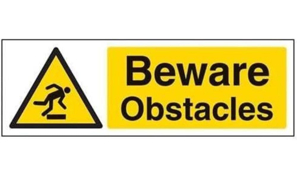 V Safety Beware Obstacles Warning Sign - 300mm x 100mm - 1mm Rigid Plastic