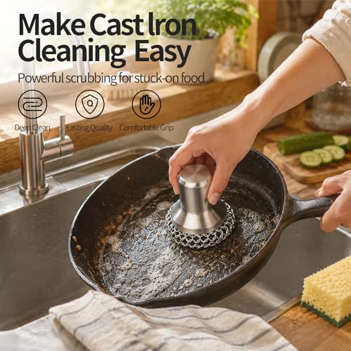 Image of Cast Iron Scrubber and Scraper, 316 Chain Mail Scrubber for Cleaning Dishes, Stock Pots, Black, 1 Count ((Large Chain Mail))