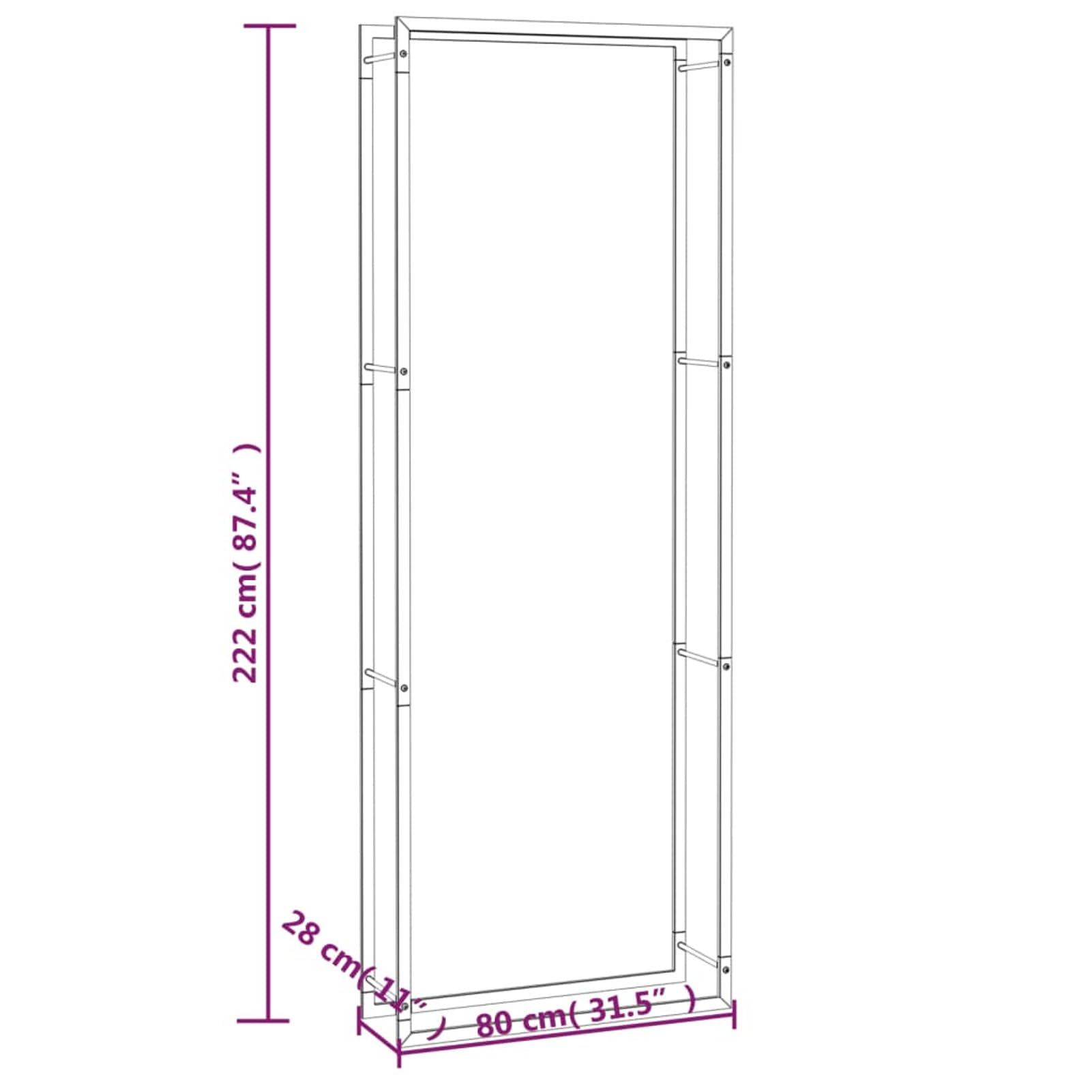 Rantry Holzregal schwarz matt 80 x 28 x 222 cm aus Stahl, Holzregal für den Innenbereich, Holzregal für Kamin, Holz für den Innenbereich, stapelbar, Holzregal aus Holz