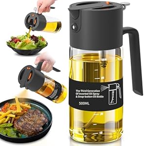 Oil Sprayer for Cooking, 2025 Large Advanced Olive Oil Dispenser Bottle,500ml/17oz Glass Olive Oil Sprayer,2 in 1 Even Spray with Portion Control for Kitchen, Air Fryer, Salad, BBQ – Black
