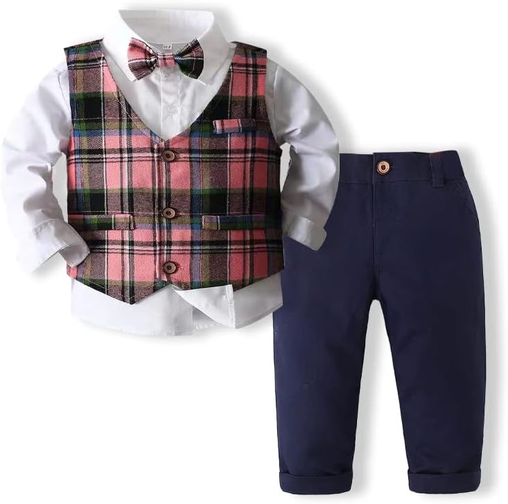 Baby Boy Gentleman Set with Dress Shirt+Bow Tie+Vest and Pants 3PC Set