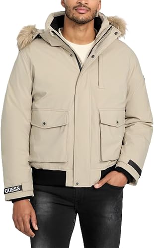 Guess Mens Filip Short Softshell Hooded Jacket with Fur, Impact Grey, Large