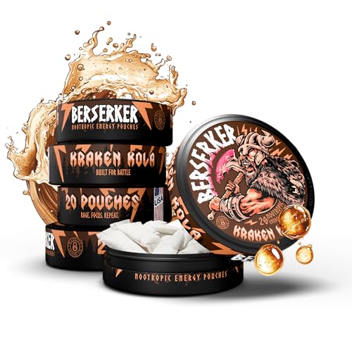 Berserker Focus Pouches - Kraken Kola - Caffeine Infused - 100mg Per Pouch - Nootropic Enhanced - 5 Pack - Tobacco & Nicotine Free - Energy Drink Replacement