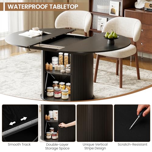 Image of MALOL 47 inch-63 inch Extendable Round to Oval Dining Room Table Chairs Set for 4-8, Modern Wooden Kitchen Table and Chairs with Hidden Storage and Fluted Design for Dining Room /Small Space(Black and Beige)