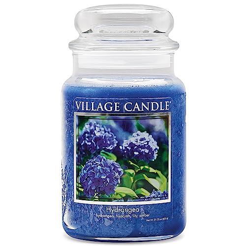 Village Candle Hydrangea Large Glass Apothecary Jar Scented Candle, 21.25 oz, Blue