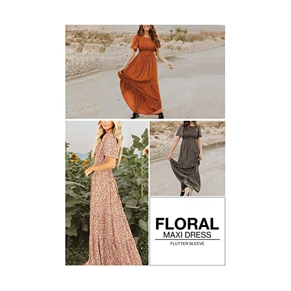 Women's Summer Dress for Women 2024 Spring Dress Short Flutter Sleeve Round Neck Casual Flowy Smocked Long Floral Maxi Dress Caramel M