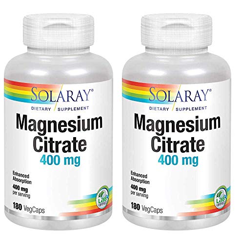 SolaRay Magnesium Citrate Enhanced Absorption 400 Milligrams Dietary Supplement (180 VegCaps) Pack of 2