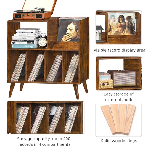 LELELINKY Large Record Player Stand, Turntable Stand with Storage, Vinyl Record Holder with Display Area, Record Player Table Holds Up to 300 Albums, Record Stand for Music room Living Room-Retro Brown