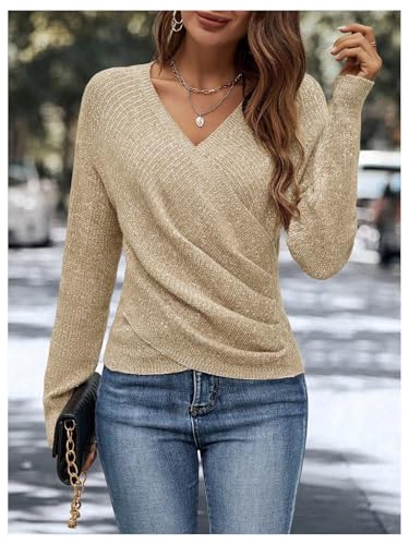 Image of SOLY HUX Women's V Neck Long Sleeve Off Shoulder Sweaters Criss Cross Wrap Ruched Pullover Fall Tops