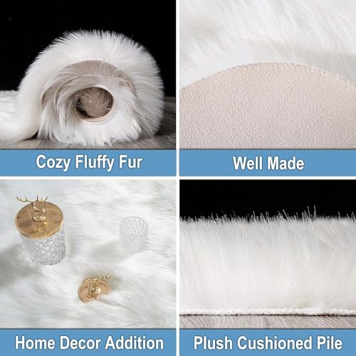 Ruedong Faux Fur Fell Teppich Schaffell Weiß 40x60 cm, Longhair Flauschiger Teppich Lammfell für Wohnzimmer Weicher Deko Schlafzimmer Stühle Sofa