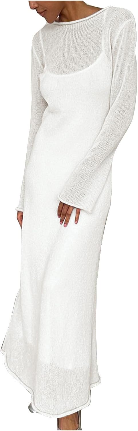 HGps8w Womens Knit 2 Piece Outfits Sexy Crochet Coverups Maxi Dress with Spaghetti Strap Beach Cami Dress Swimwear Sets