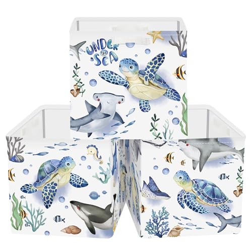 Clastyle Juego de 3 Caja Almacenaje Tela Animales Marinos Cestas Almacenaje Ropa Padres y Madres para Juguetes Cestas Organizadoras Plegable para Armarios, Tortuga, 30x30x30 cm