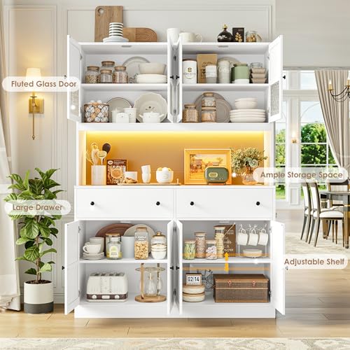 Image of FINETONES 71 inch Pantry Cabinet with LED Light and Charging Station, Farmhouse Kitchen Pantry Cabinet with Microwave Stand, 47.2 inch Wide Kitchen Hutch Food Pantry with Open Countertop, White