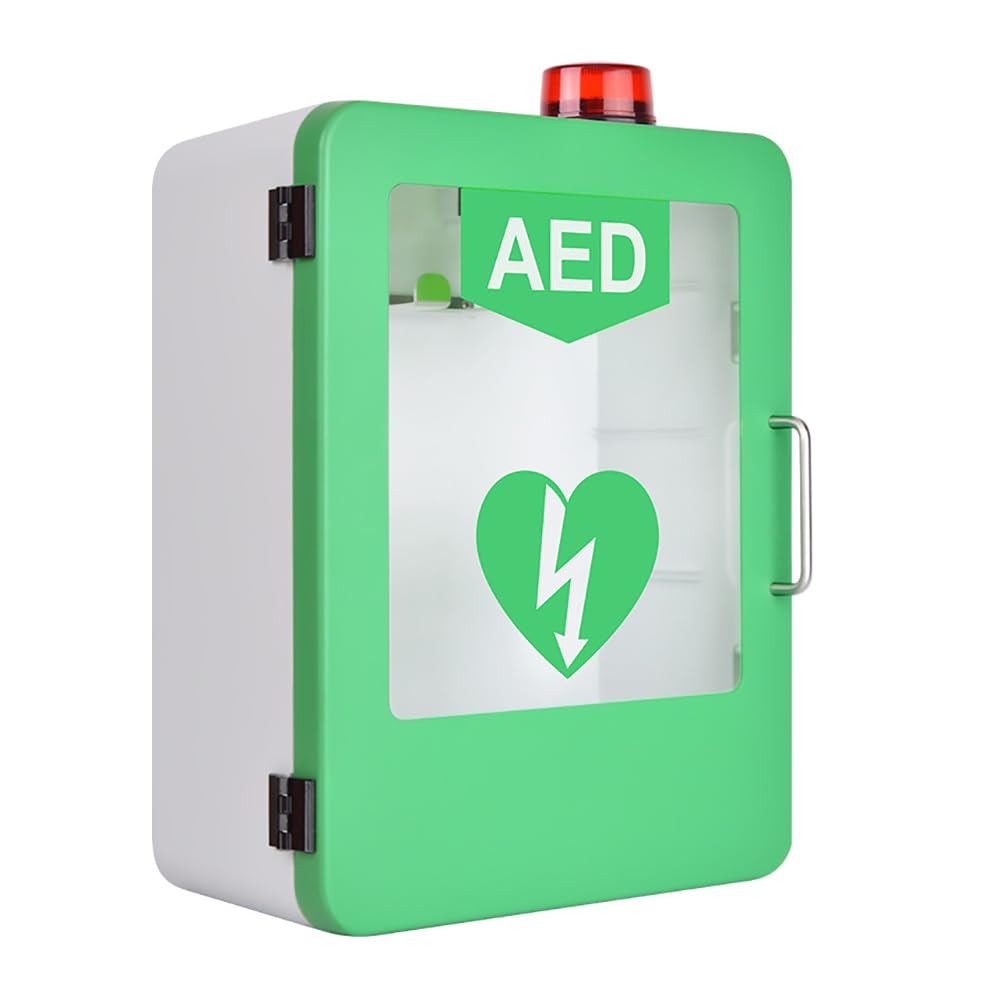 AED-Defibrillator-Schrank, AED-Alarmbox mit abgerundeten Ecken und Edelstahlgriff, transparentem Glasfenster Doppelschaltersteuerung zur Wandmontage