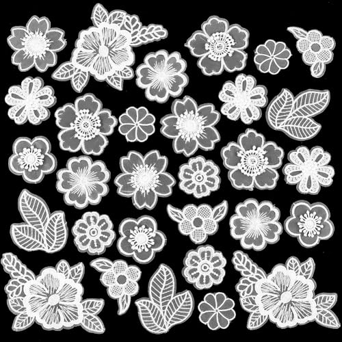 GORGECRAFT 30 Piezas de 10 Estilos de Apliques de Encaje de Flores Bordados Hojas Florales Parches para Coser Adornos de Tela Parche de Reparación para Boda Vestido de Novia Ropa Sombrero Blanco
