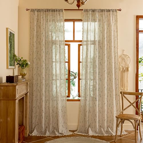 Image of MYSKY HOME Boho Floral Linen Curtains 96 Inches Long Vintage Farmhouse Bohemian Spring Patterned Semi Sheer Window Treatments with Tassel Back Tab Living Room Bedroom, Blue and Orange, W50, 2 Panels