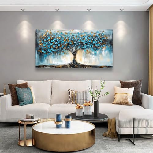 Image of Blue Tree Pictures Canvas Wall Art for Living room Office Bedroom Wall Decor,Abstract Wall Art Print Modern Noble Blue Tree Oil Painting Artwork Waterproof Ready to Hang-20x40inch